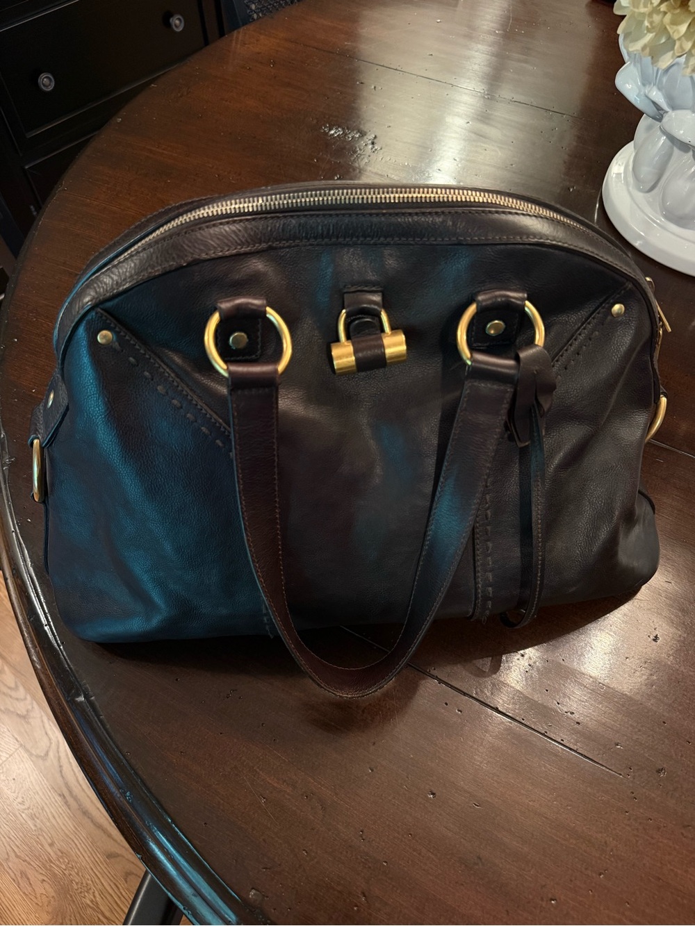 Yves Saint Laurent YSL Brown Leather Handbag with Gold hardware